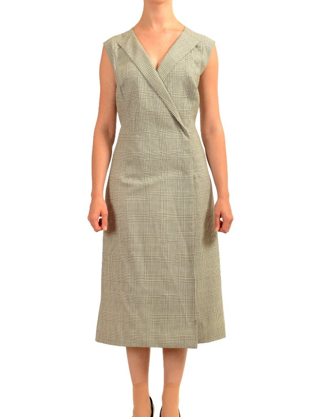 Hugo Boss Women's "Dimala" Plaid V-Neck Sleeveless 100% Wool Dress US 0 IT 36